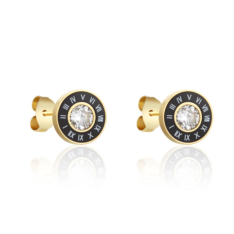 New Arrival Beautiful Periferia Black Enamel And White Shells Roman Numerals Middle Shiny Crystal Stud Earring For Women And Men