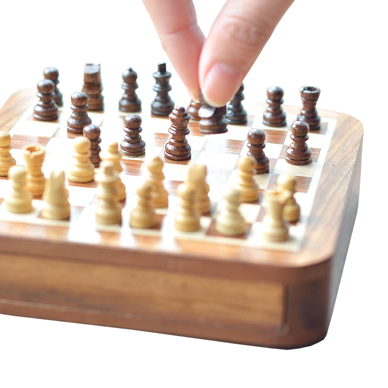 Top Grade Solid Wood Portable Non-slip Super Mini Chess Set Drawer Pieces Glued Onto Board Game Box Children Gift Craft qenueson