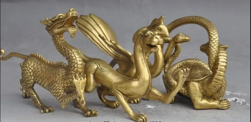 +China Brass fengshui Dragon Tiger Phoenix Turtle Snake Evil Lucky 4 Beast statue