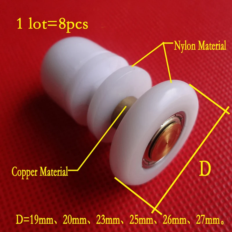 Shower door rollers unners\wheels\pulley,material copper and nylon roller diameter 19mm/20mm/23mm/25mm/26mm/27mm 8cps/lot