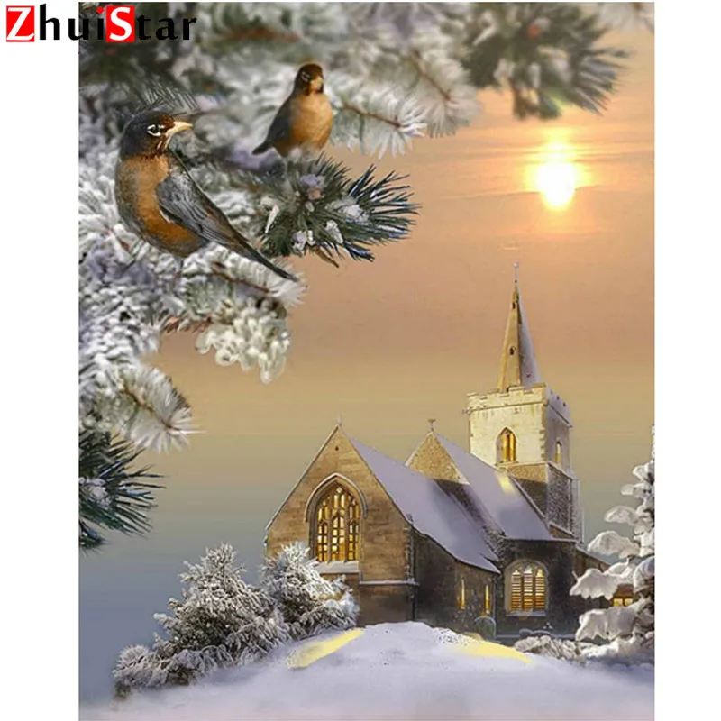 5D Diamond Painting Scenic Cross Stitch Birds Full Diamonds Embroidery Snow Landscape Mosaic Pictures of Diamond Castle XY1