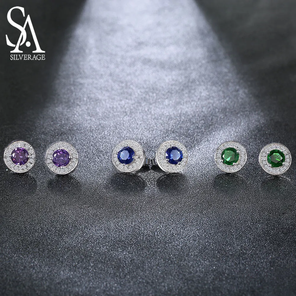 SA SILVERAGE 925 Sterling Silver Gemstone Stud Earrings for Women 925 Silver Earrings Sets Fine Jewelry Three Colors Pendientes