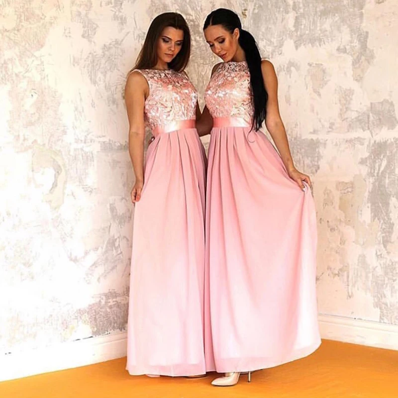 

2019 Blush Pink Prom Dresses Jewel Neck Venica Lace Top Chiffon Skirt Long Country Maid of Honor Wedding Formal Party Dresses