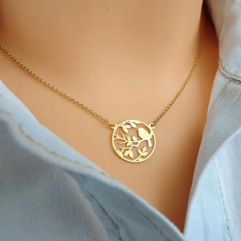 SMJEL Stainless Steel Jewelry Animal Bird Necklace Landscape Bird on Branch Circle Statement Necklaces Women Collar N374 image 6