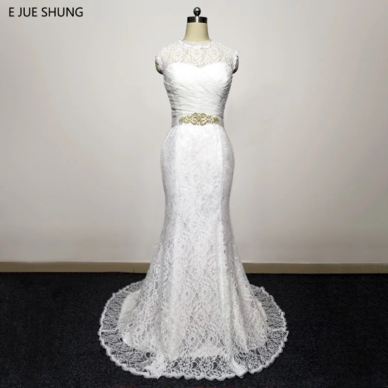 E JUE SHUNG Weiß Spitze Meerjungfrau Brautkleider Kristall Schärpe Cap Sleeves Brautkleider Vestidos De Novia