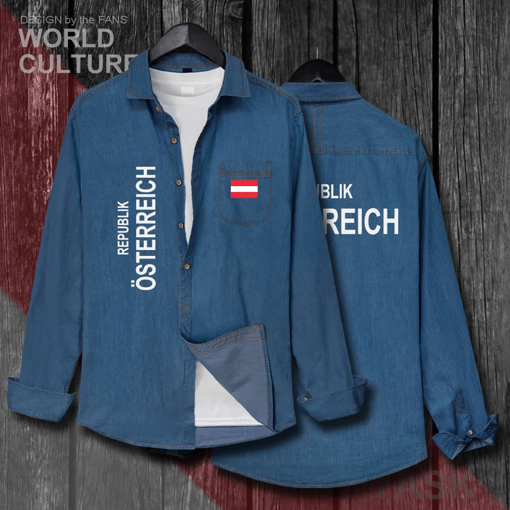 

Austria Austrian AT AUT мужская одежда с национальным флагом 2018 Осенняя хлопковая ковбойская джинсовая рубашка с длинным рукавом и отложным воротником Модные топы