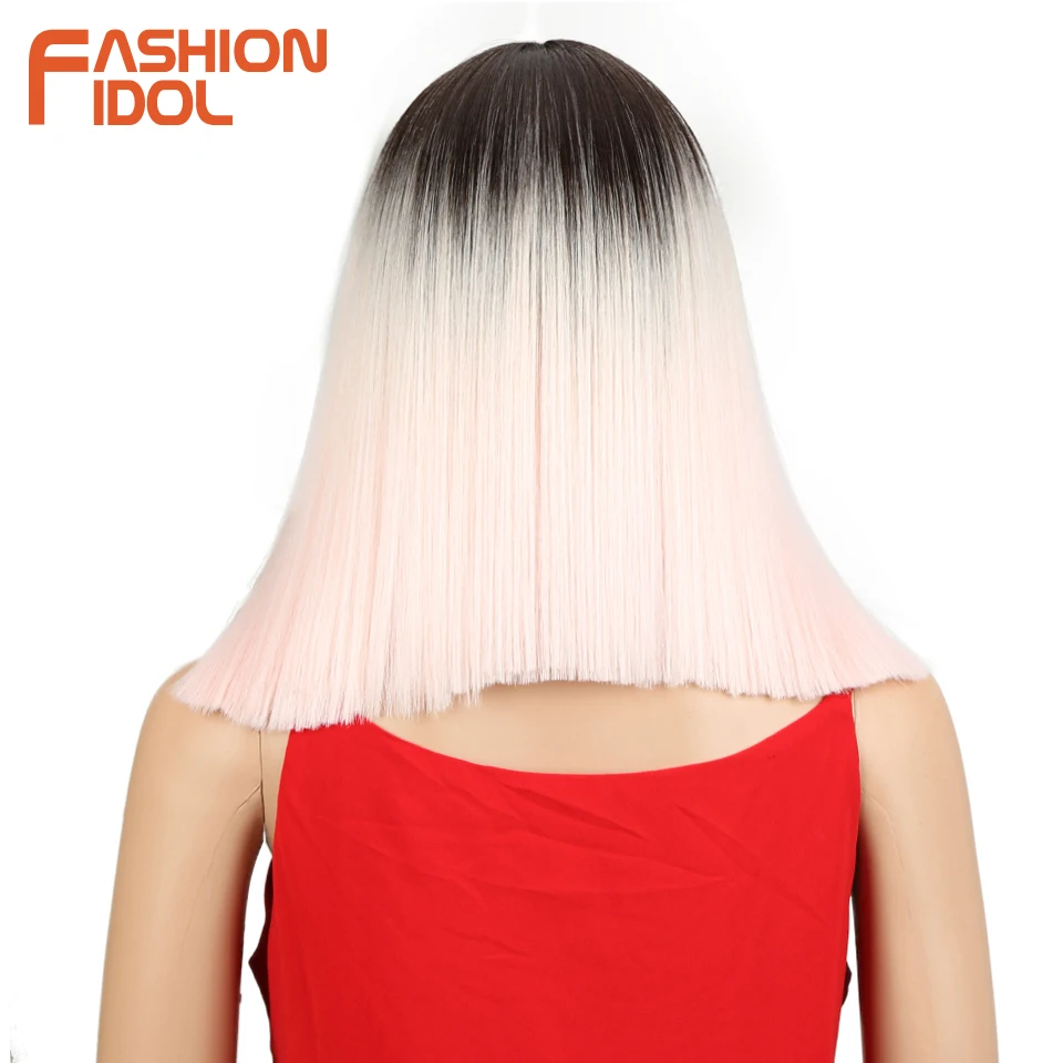 FASHION IDOL 14 Inch Short Bob Straight Wigs Synthetic Ombre Pink Middle Part Lace Wigs For Women Shoulder Length Cosplay Wigs