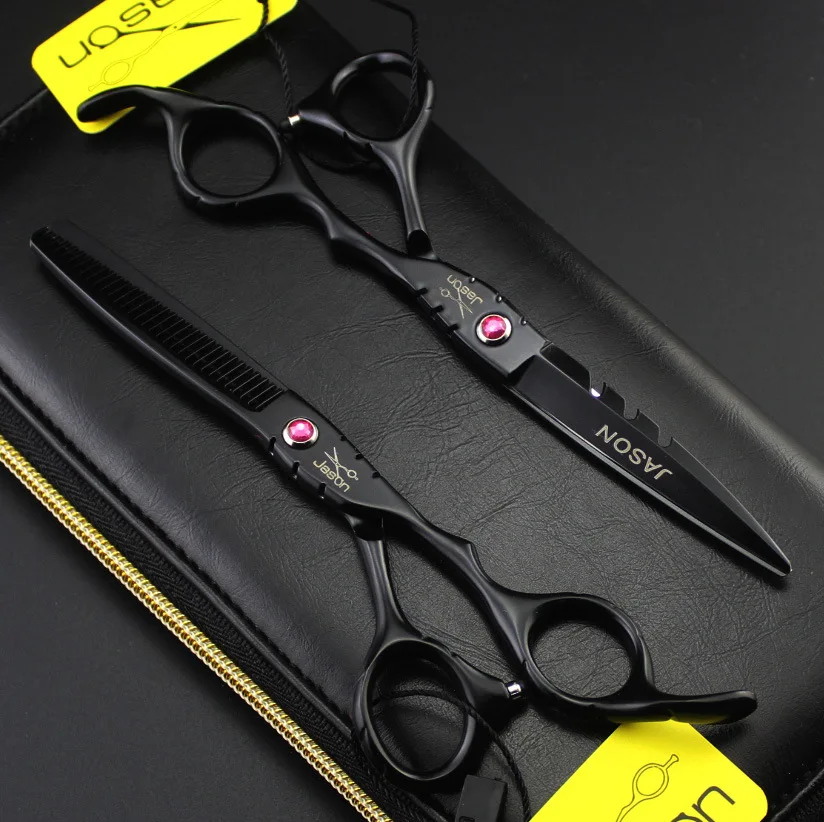 321# 6'' Brand Jason TOP GRADE Black Color Hairdressing Scissors JP 440C Barbers Cutting Scissors Thinning Shears Hair Scissors