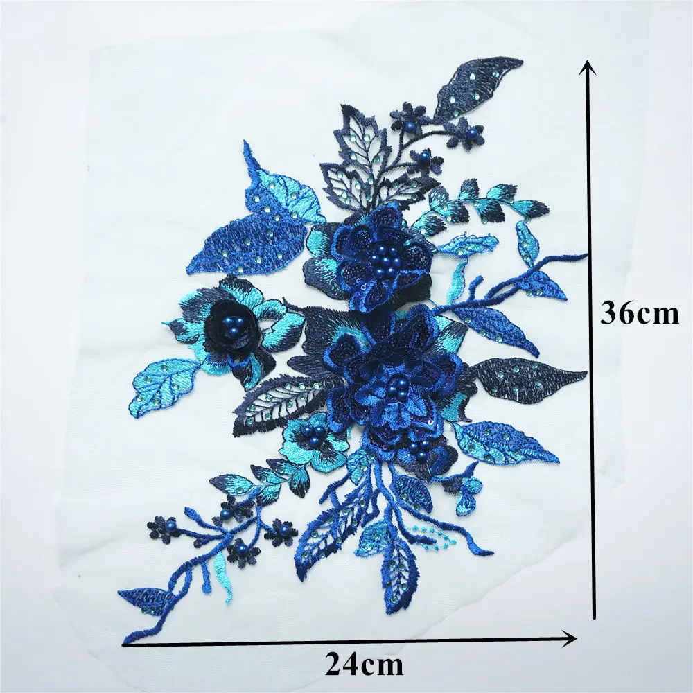 Royal Blue Embroidery Lace Rose Flower Beads Rhinestone Sequins Applique Sewing Patch Collar Wedding Gown Dress DIY Crafts