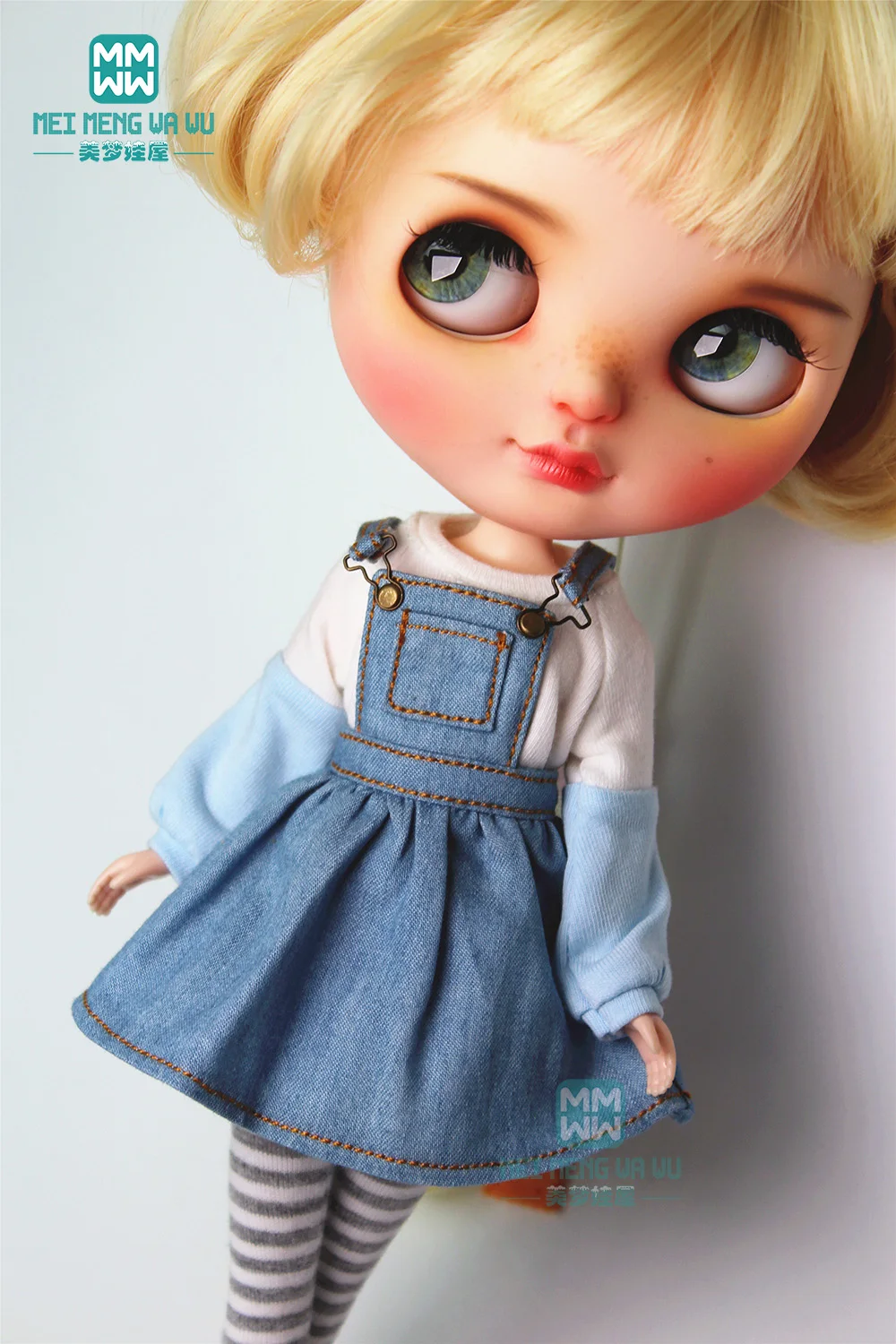 Fashion blue plaid strap skirt, shirt for 28-30cm Blyth Azone doll Clothes