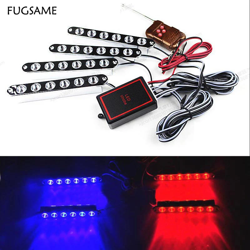 

FUGSAME Wireless Control Flash Strobe Llight 6LED*4 24led Daytime Running Light DRL Red Blue white amber 4Color Choice Light