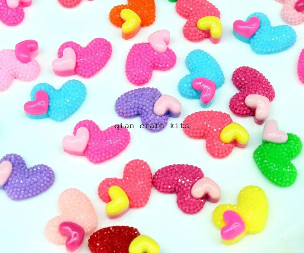 250pcs shiny DOUBLE HEART Decoden Kawaii Flatback Resin Cabochons 24mm Pendant embellishment Charms