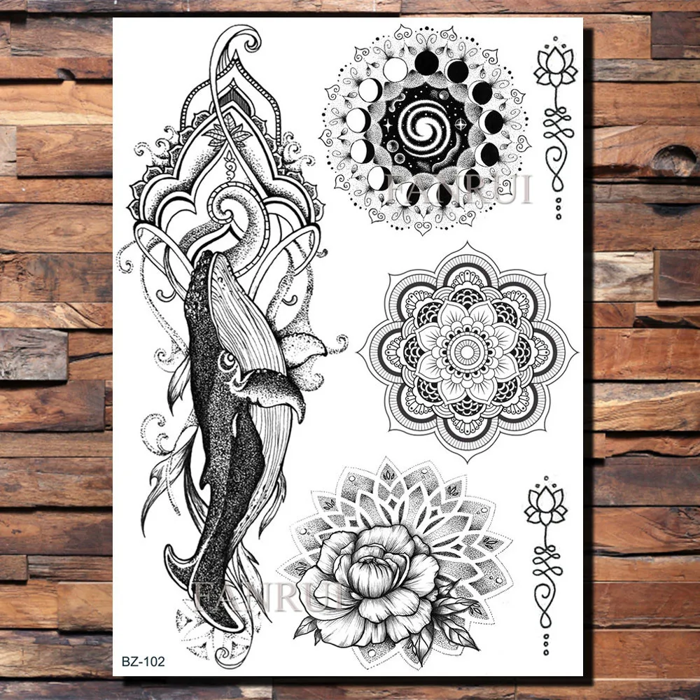 FANRUI Women Mehndi Rose Flower Temporary Tattoos For Girls Whale Sticker Custom Tattoo Black Henna Fake Tatoos Body Art Sexy