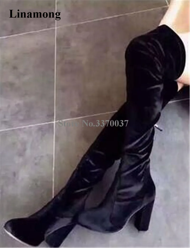 

Hot Selling Women Fashion Velvet Black Blue Over Knee Chunky Heel Boots Sexy Slim Style Thick Heel Long Boots