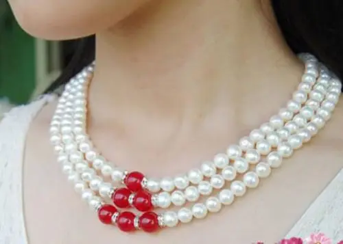 Fashion 3Rows Natural 7-8mm White akoya cultured pearl & Red real stone gems Beads necklace Natural Fine jewe  SHIPPING