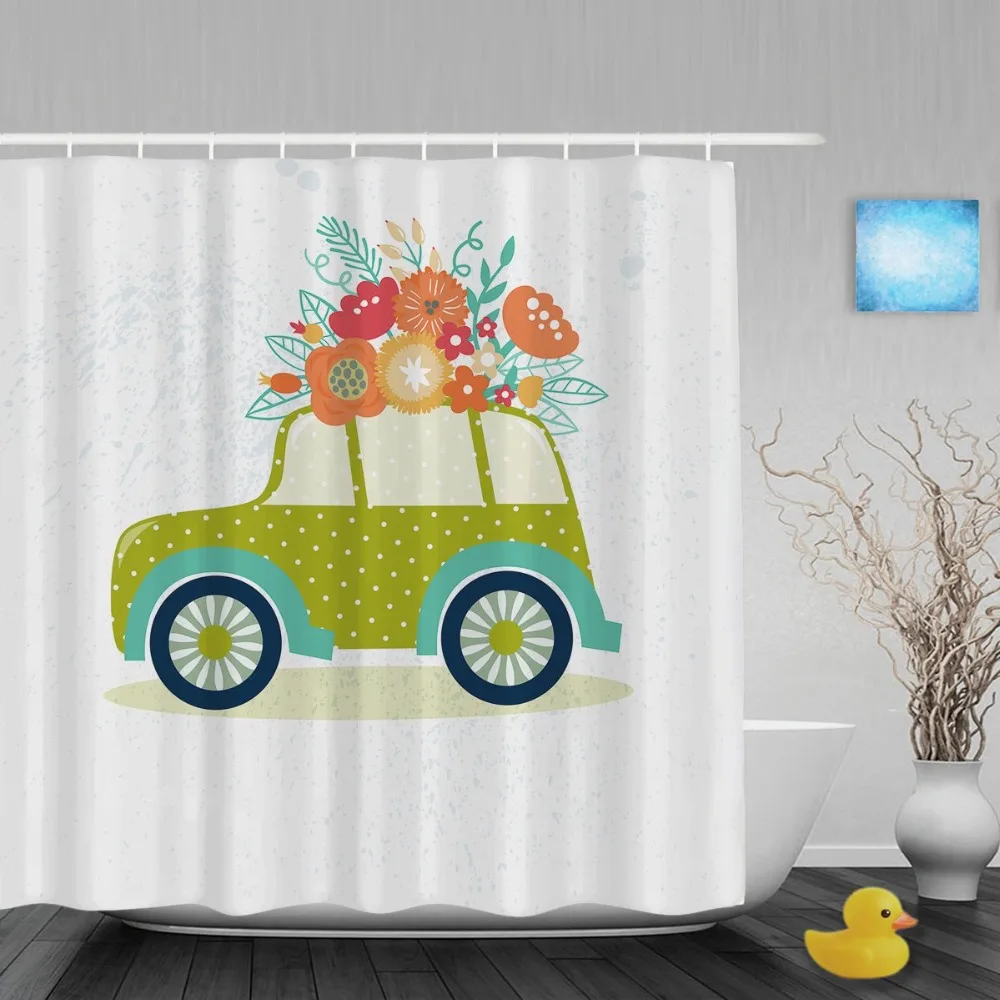 Summer Vintage Car Flowers Shower Curtain Hand Written Hello Summer Bathroom Curtains Waterproof Polyester Fabric With Hooks