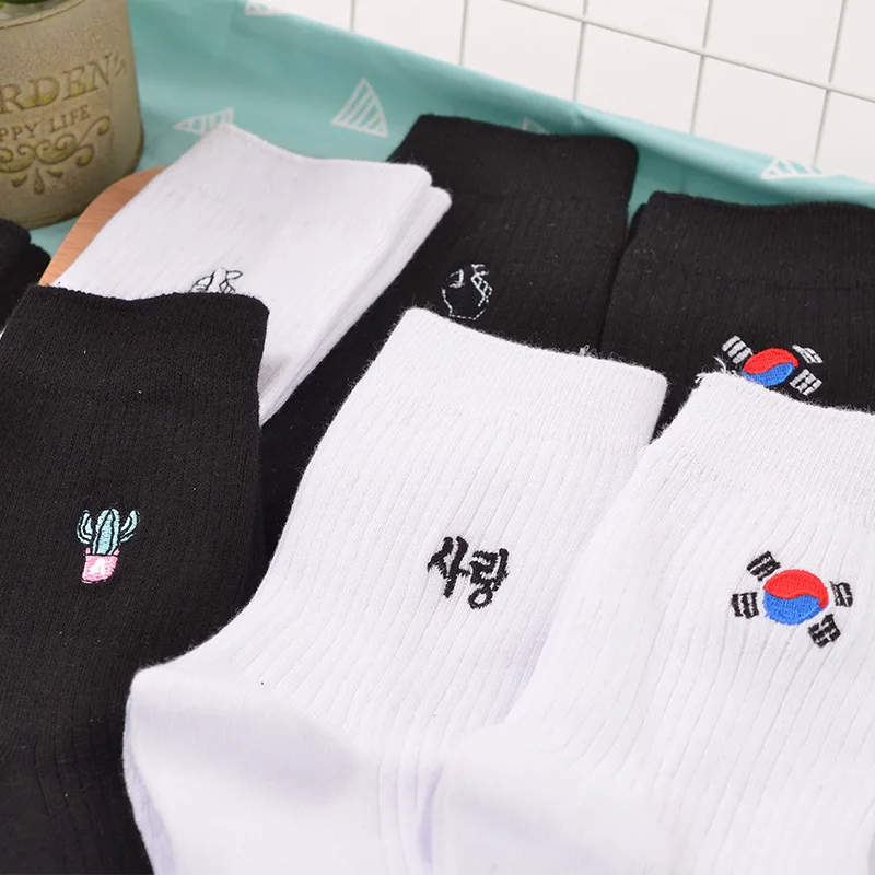 Korean Harajuku Women White Black Embroidery Cactus Gesture Flag Socks meias Girl Cotton Funny Socks Chaussette Femme