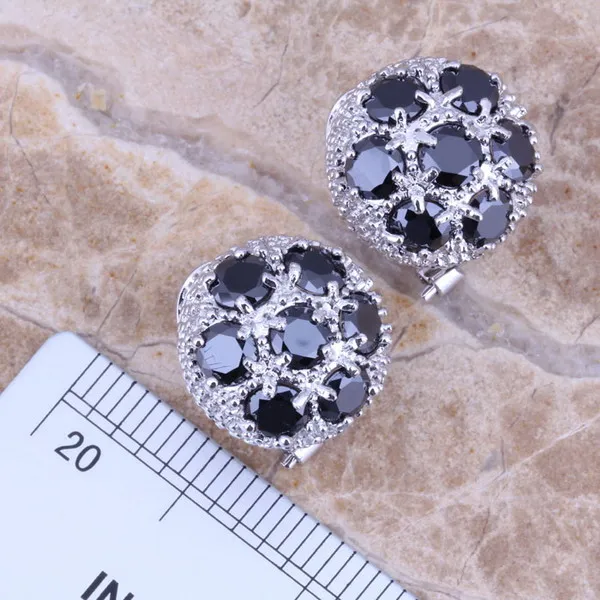 Black Cubic Zirconia Silver Plated Jewelry Sets Earrings Pendant Ring Size 6 / 7 / 8 / 9 / 10 / 11 / 12 S0025