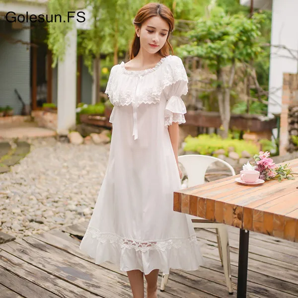 

New Women White Hollow Lace Cotton Horn Bow Royal Nightgown Sleep Wear Gowns Lady Leisure retro Korea Home Wear Dress C6680