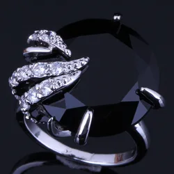 Trendy Round Black Cubic Zirconia White CZ Silver Plated Ring V0557