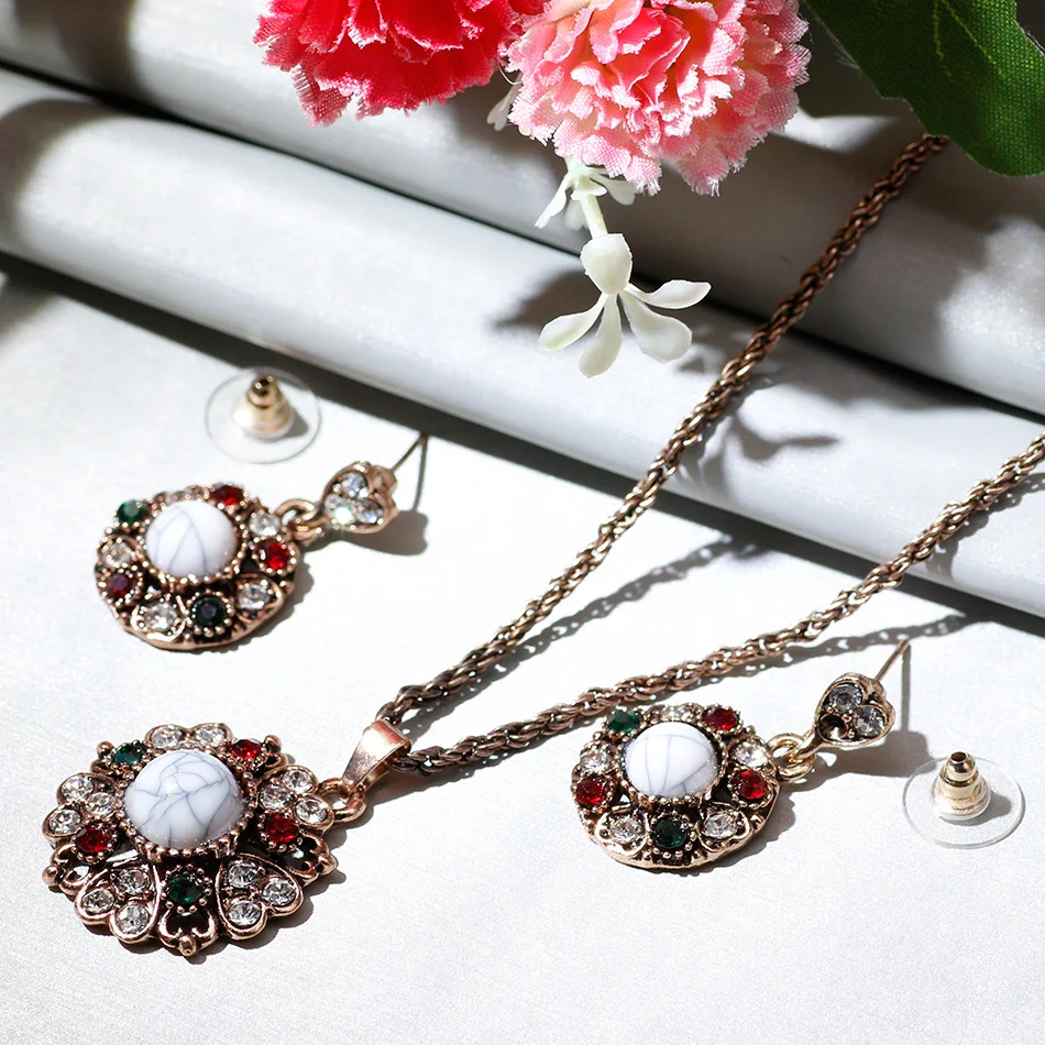 Sunspicems Vintage Turkish Jewelry Sets for Women Bohemia Bride Wedding Jewelry Natural Stone Indian Earring Necklace Sets Gift