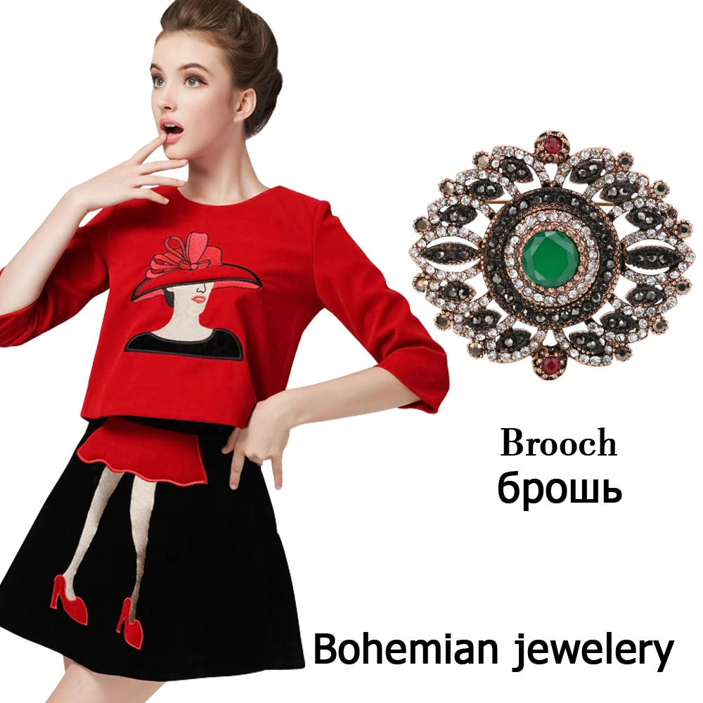 Kinel New Vintage Turkish Women Flower Brooches Pins Antique Gold Color Resin Brooch Pendant Dual-Purpose Ladies Ethnic Jewelry