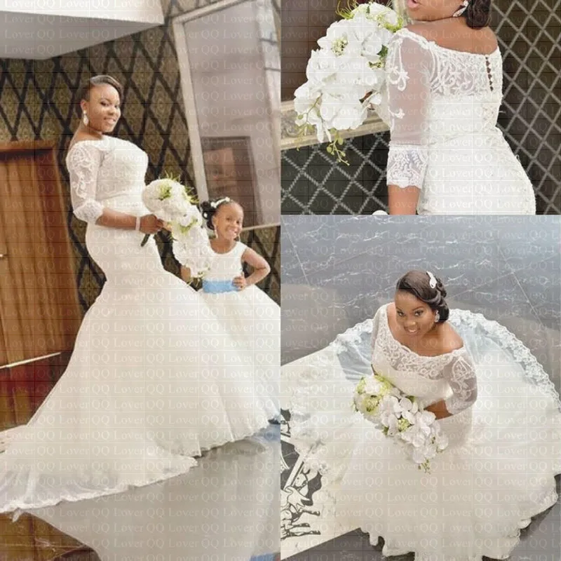 

Customized New African Amazing Backless Lace Mermaid Wedding Dress 2025 Plus Size Half Sleeves Bridal Gown Wedding Gowns