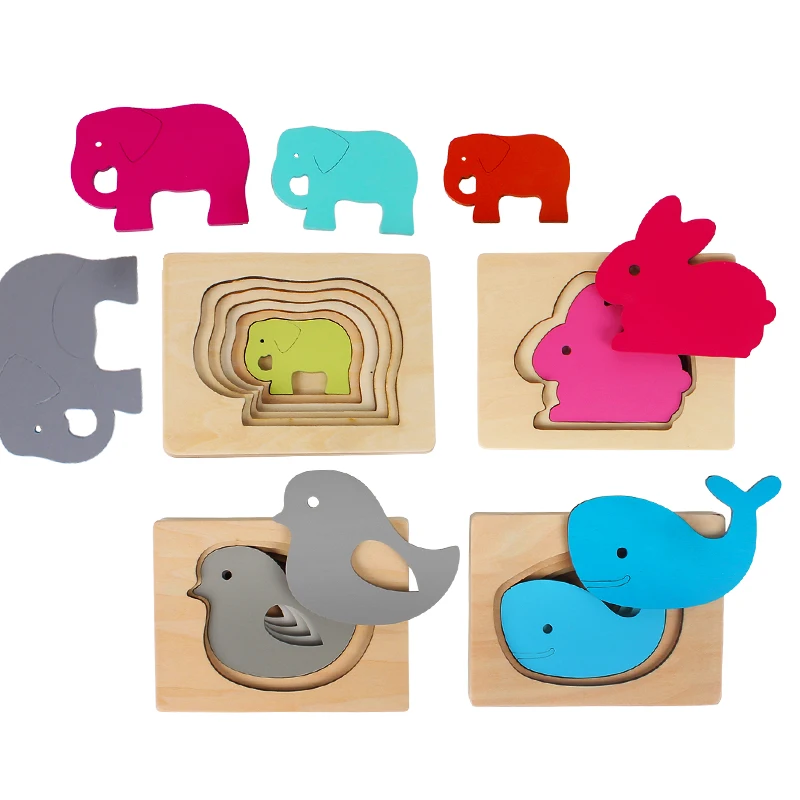 Children's wooden toys colorful animal puzzles from large to small multi-layer 3D puzzle toys early childhood children's toys