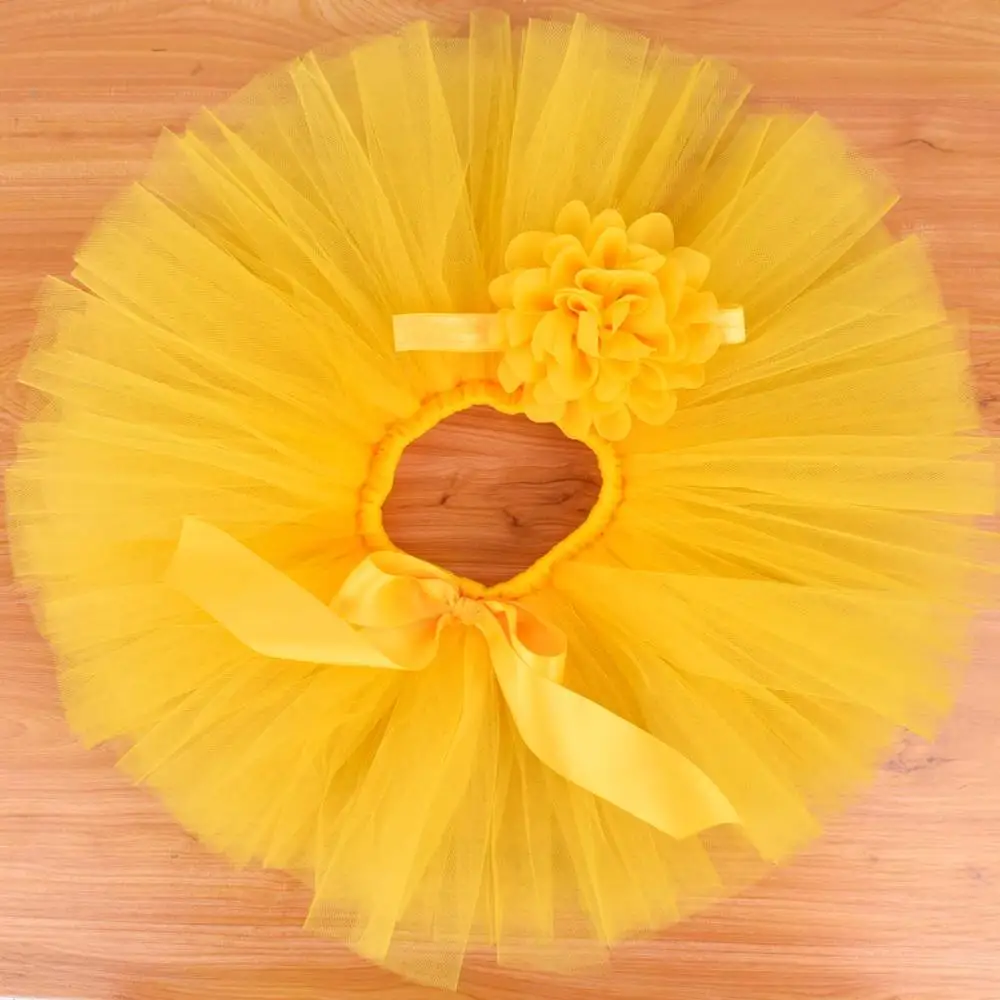 Yellow Baby Girls Fluffy Tutu Skirt & Headband Set Newborn Photo Prop Costume Infant Birthday Tulle Tutus Outfit  For 0-12M