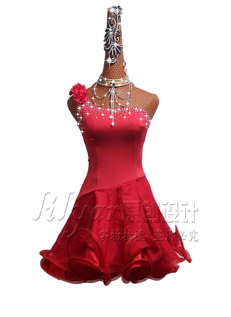 

Women Red Shining Rhinestones Latin Dance Dress Custom Made Tango Rumba Samba Dress Cha-cha Latin Competition Dancing Dresses