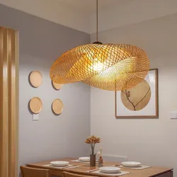 Plafonnier LED Suspendu en Rotin de Bambou Fait à la Main, Abat-Jour Tissé, Luminaire de 60/50/40cm, Idéal pour une Chambre à Coucher ou un Café