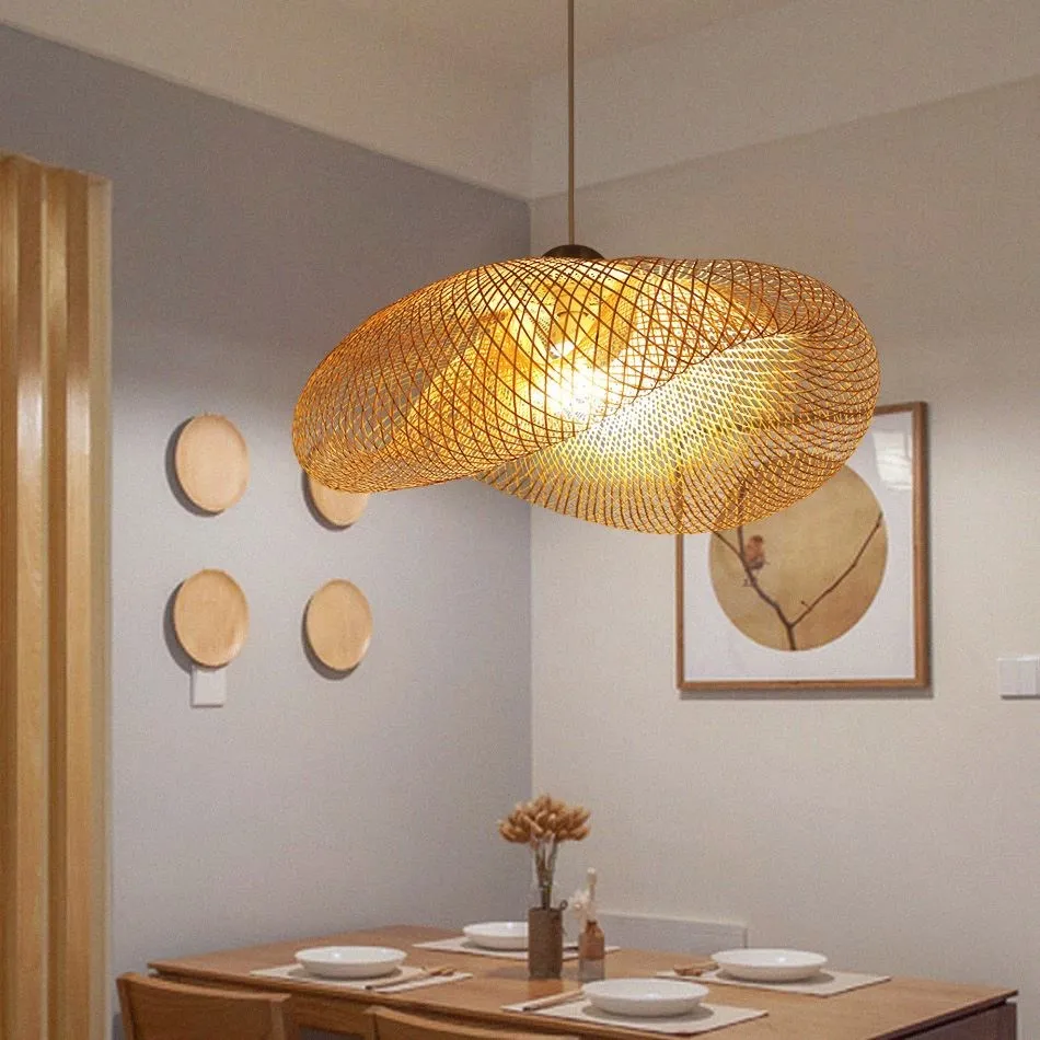 Bamboo rattan wicker chandelier 60/50/40cm Handmade Lampshade LED hanging woven lamp shade Home Bedroom Decors coffee bar lamp