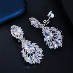 CWWZircons Gorgeous Silver Color Dangle Drop CZ Zirconia Women Long Clip On Earrings for No Pierced Hole Ears CZ006