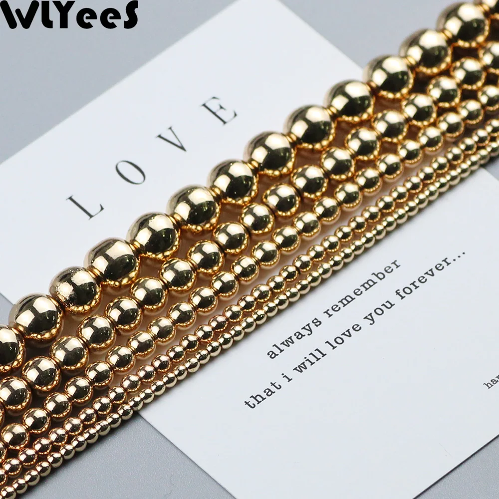 WLYeeS 14K Gold Color Hematite beads 2 3 4 5 6 8 10mm round Loose beads Natural Stone for Jewelry Bracelets Necklace Making DIY