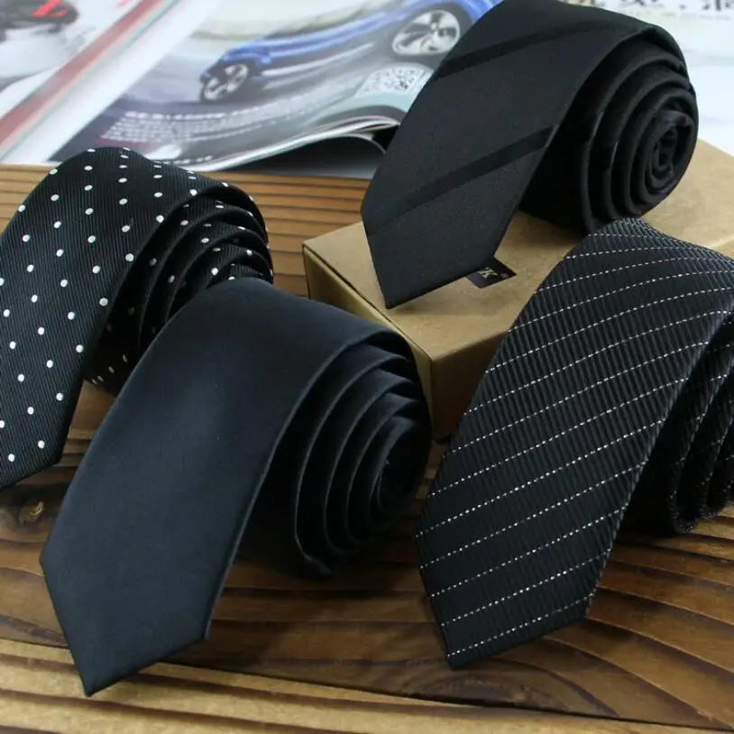 GUSLESON Factory Sale 5cm Mens Skinny Ties Black Polyester Silk Plaids Stripes Dots Jacquard Narrow Necktie Neck tie Party