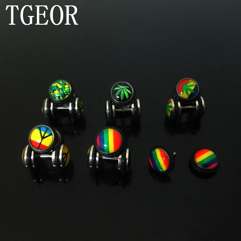 Popular 1 Pair fashion multi rasta logos printed surgical stainless steel fake plug free shipping