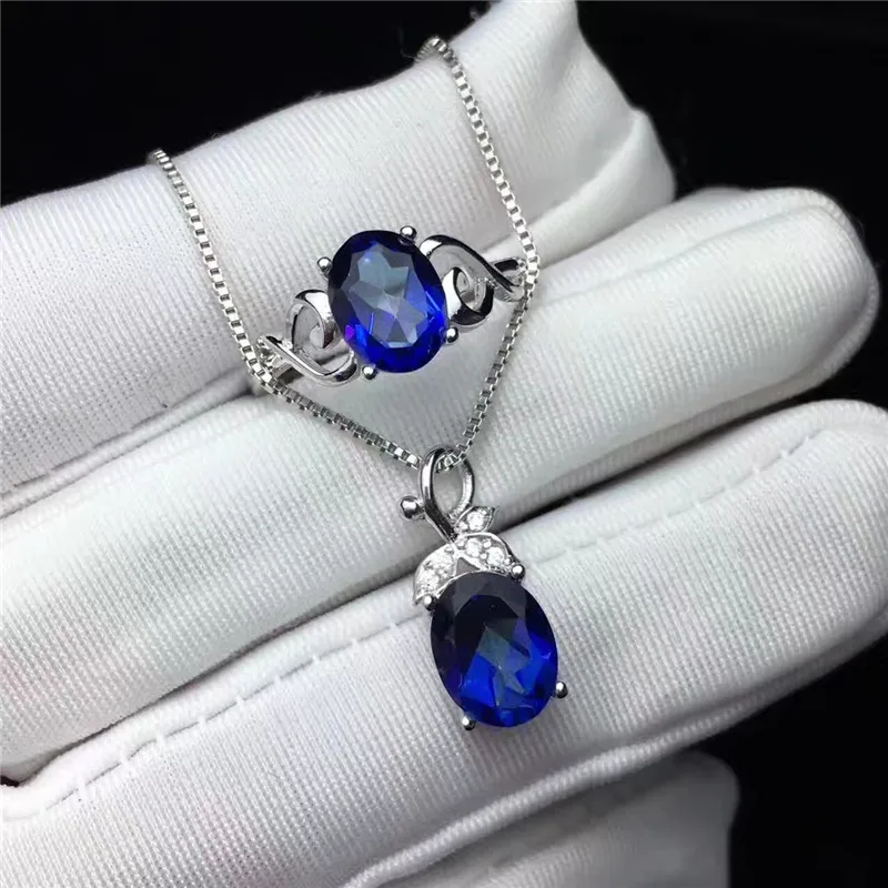 100% Natural Gemstone Fine Jewelry Sets For Women Sterling Silver Ring Pendants Blue Tanzanite Oval Necklaces 2PCS Set CCS003-6