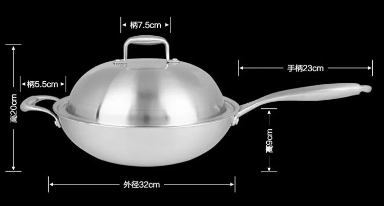 FREE SHIPPING COOKING TOOL WOK PAN #304 stainless steel 5ply fry pan non-stick no coating pan 32cm with steamer