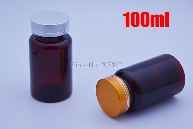 

100pcs 100ml Amber PET Bottle,Capsules/Pills/Powder/Vitamins Bottles, Plastic Packing Bottles -- Golden/Silver Aluminum Caps