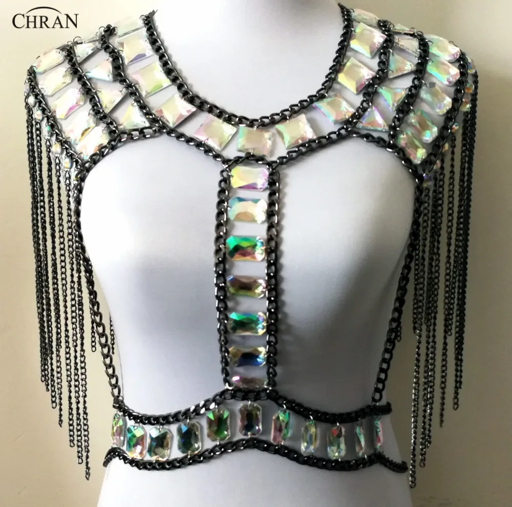 2023 Black Gem Bead Crop Top Chain Rave Bra Chain Shoulder Necklace Ibiza Sonar Wear EDM Outfit Body Jewelry Chain Tank Tops