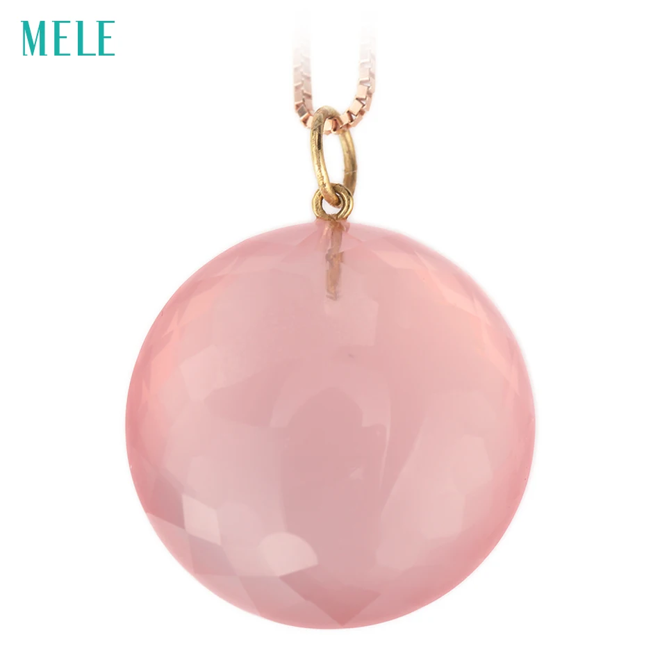 MELE Natural rose quarts real 18k yellow gold pendant, RD 20mm,  deep pink color,, fashion ladies pendant, 18K gold treasure