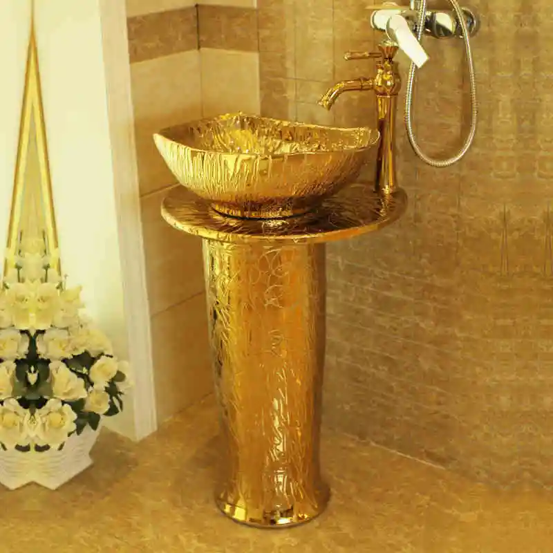 

Bathroom Pedestal Basin Integrated Ceramic Table Basin Washbasin Resplendent Cloakroom Vanity Wash Sink gold