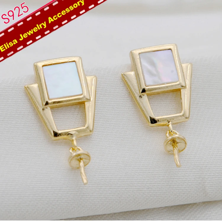 3Pairs/Lot Square Design Shell Pearl Earrings Settings S925 Sterling Silver Pearl Earrings Holder Women DIY Handmade Craft Ace