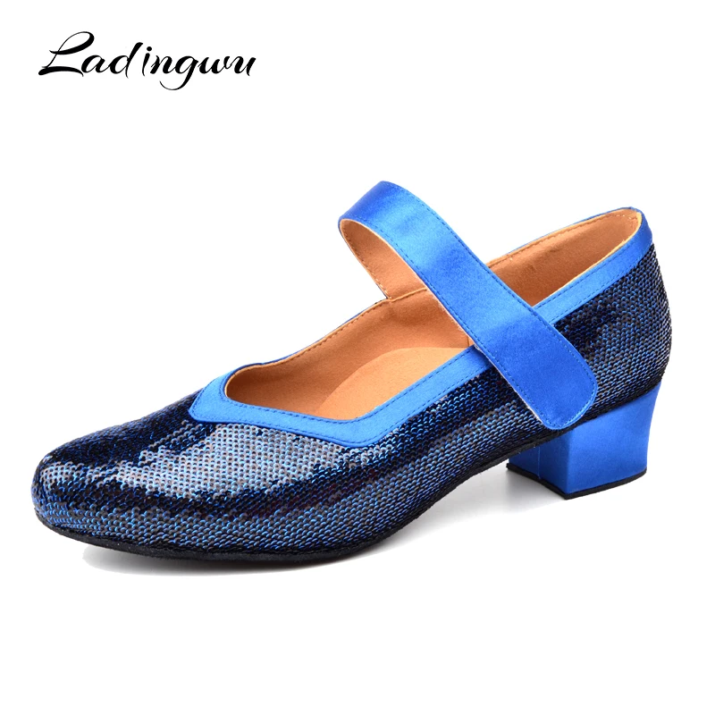 

Ladingwu Ballroom Dance Shoes For Women Latin Dance Shoes For Girls Low Shoes Blue Glitter Square Soft Bottom Dancing Heel 2.5cm