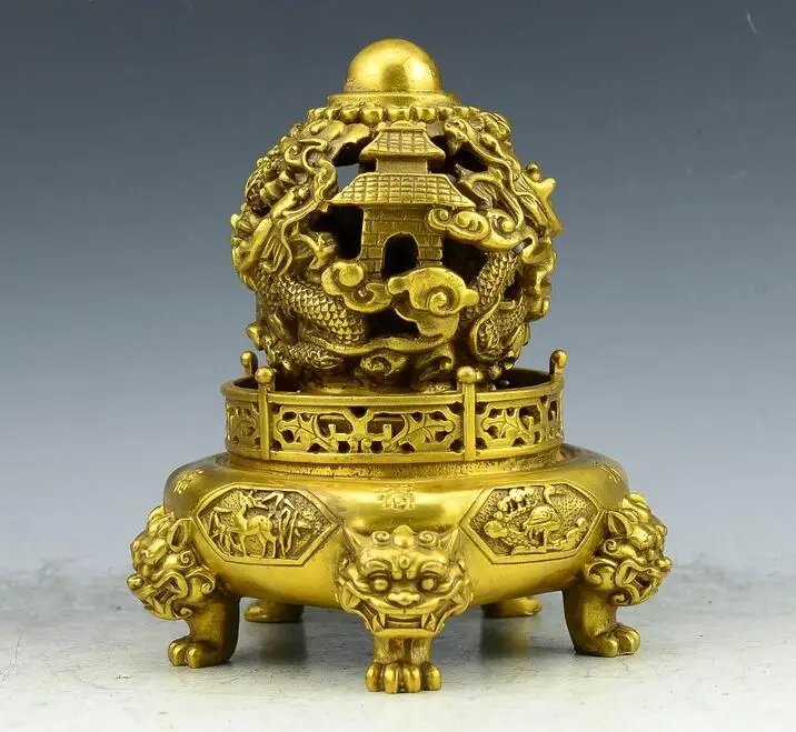 

China collection fine workmanship brass double Dragon play pearl Incense burner