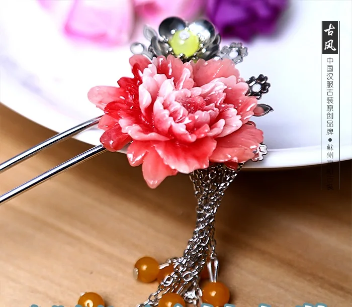 Silver Tassel Hair Stick Red Resin Peony Flower Pure Handmade Hanfu Costume Accessory