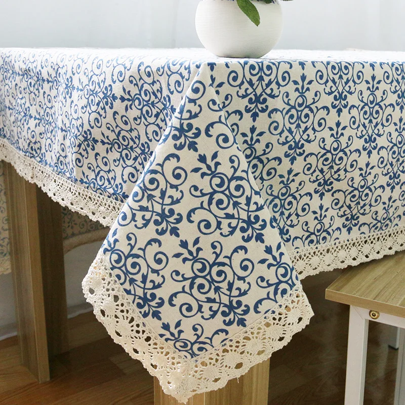 Retro Linen Cotton Tablecloth  Washable Coffee Dinner Blue and White Porcelain Table Cloth for Christmas Wedding Banquet