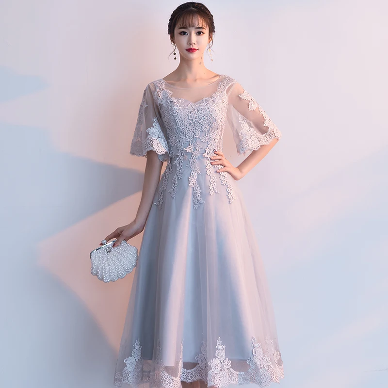 Robe de soiree New Arrival Gery Luxury O-Neck Half Sleeve Embroidery Lace up Evening Dresses Tea Length Formal Dress customized