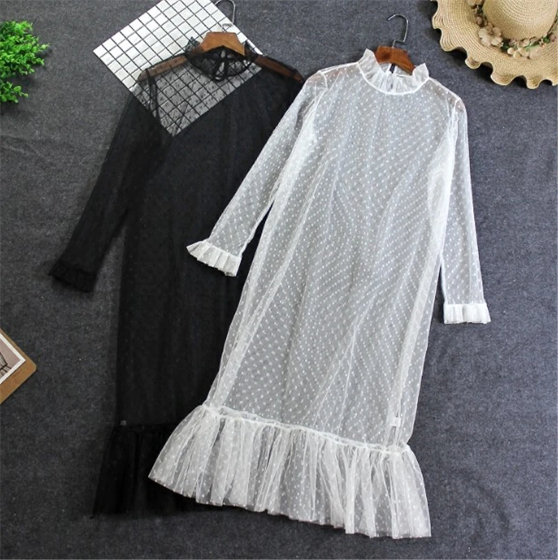 Women Spring Autumn Mesh Dress Ladies Casual Sexy Elegant Party Beach Lace Dot Printed Loose Transparent Black White Dresses 401