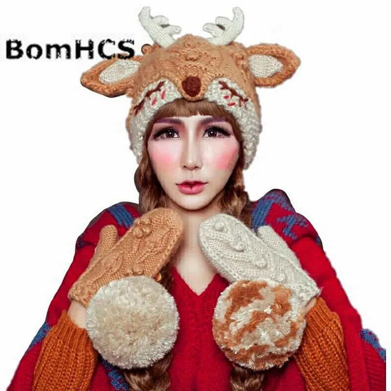 BomHCS Fawn Beanie+gloves Suit 100% Handmade Knit Girls' Winter Warm Hat Mittens Cute Antlers Ears Pompoms
